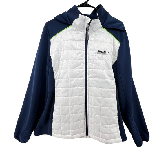 Seattle Seahawks NFL Size XXL Jacket Hooded Full Zip Pockets White Blue Football - Picture 1 of 4